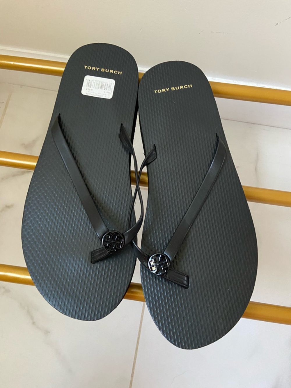 Tory Burch Black Logo Medallion Flip Flops 9